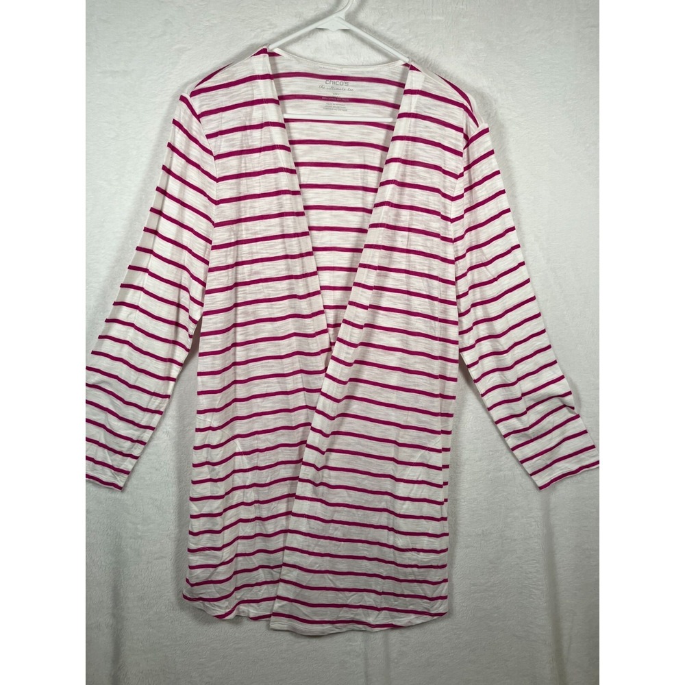 Chico's Striped Lightweight Cardigan Open Front Coastal Resort Size 2 Large NEW